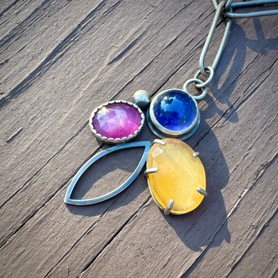 Handmade Chain Necklace with Mixed Gemstone Bouquet