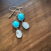 Load image into Gallery viewer, Moonstone and Kingman Turquoise Earrings
